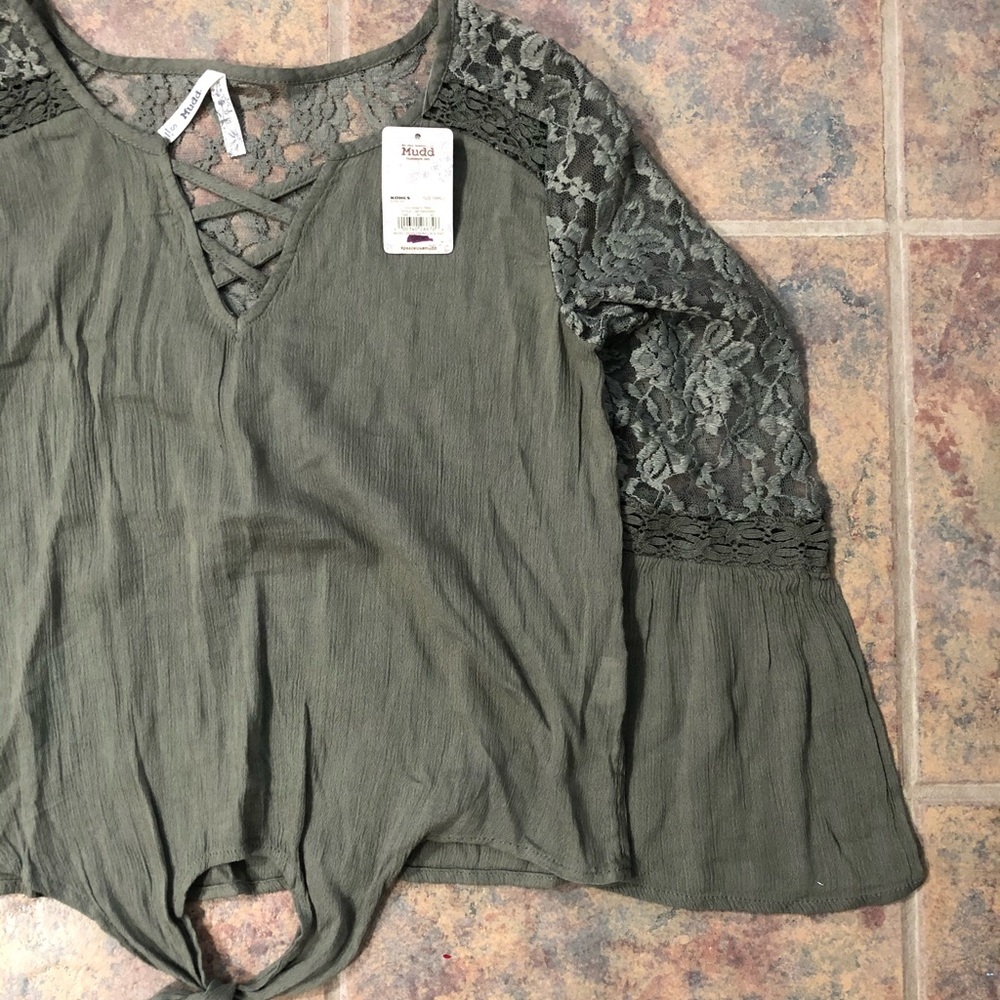 NWT Small MUDD Army Green Blouse with Flower Lace
